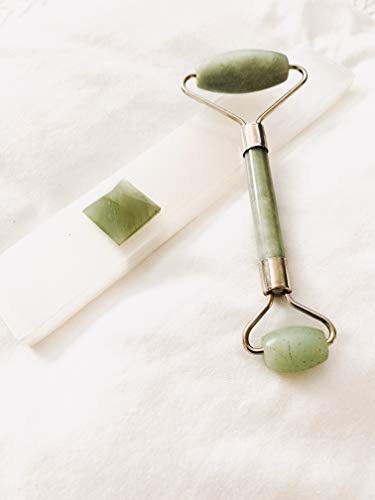 Jade Roller and Gua Sha Set – Jade Face Roller, 100% Natural Jade Stone Set, Dual Sided Face Massager, Stimulates Blood…