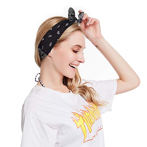 Yeshan Boho Bow Headbands for Women Vintage Paisley Bandana Flower Printed Hairband Elastic Rabbit ear Head Wrap Cute…