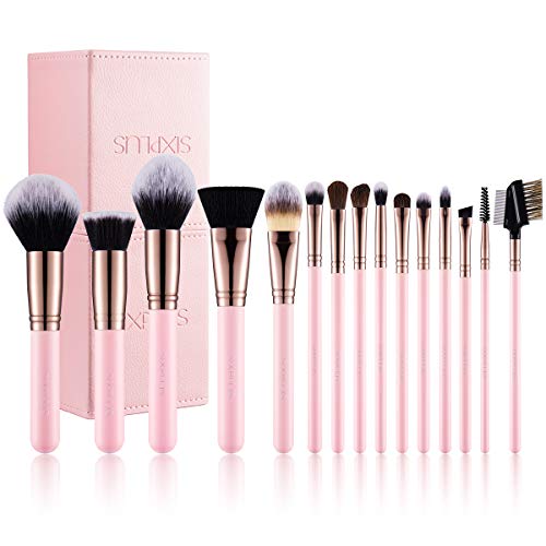 SIXPLUS Makeup Brushes with Case, 15 Pcs Pink Makeup Brush Set Professional for Foundation Powder Concealer Eyeshadow…