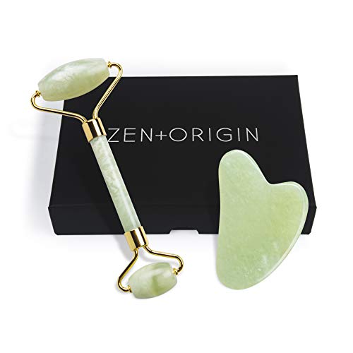 Jade Roller and Gua Sha Set – Jade Face Roller, 100% Natural Jade Stone Set, Dual Sided Face Massager, Stimulates Blood…