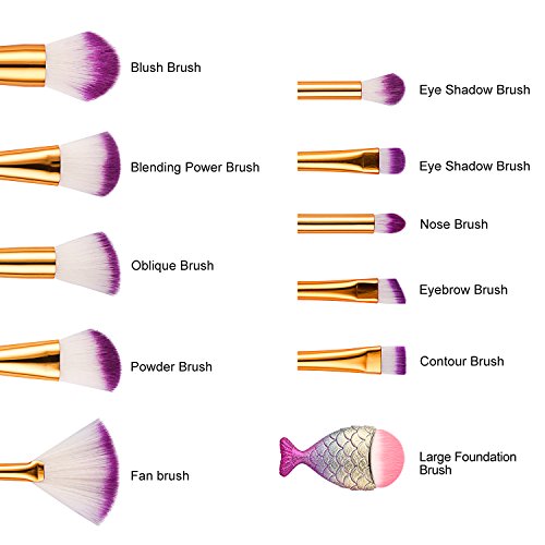 Mermaid Makeup Brushes Set, Beauty Star 11pcs Mermaid Makeup Brush Set Chubby Fish Soft Nylon Bristles Beauty Brushes…