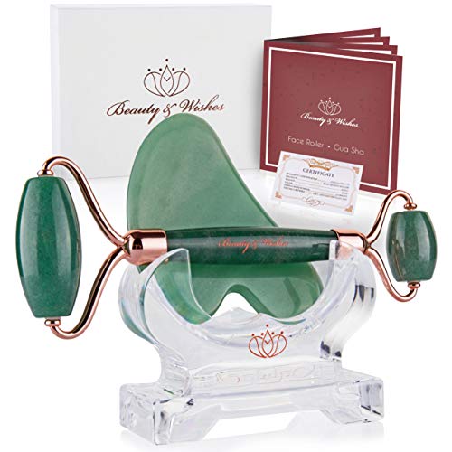 Jade Roller and Gua Sha Massager kit Set for Face with CounterTop Stand – Grade A – Authentic Brazilian Stone Helps…