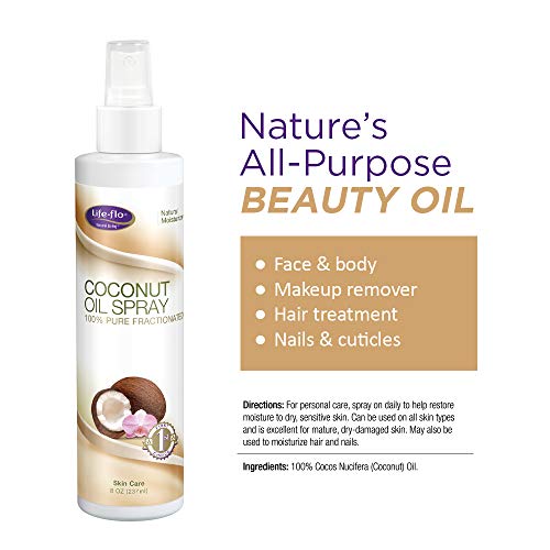 Life-flo Coconut Oil Spray, 100% Pure and Fractionated | Light, Fast-Absorbing Moisturizer for Dry Skin and Hair | 8oz