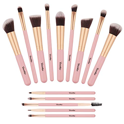 Makeup Brushes Set, Yuwaku Premium Synthetic 14pcs Kabuki Make Up Brush, Pink Foundation Powder Concealers Blush…