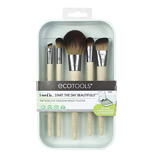 EcoTools Start The Day Beautifully Makeup Brush Kit, For Eyeshadow, Foundation, Blush, & Concealer, With Storage Tray…