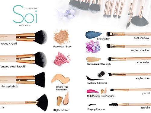 labeauteSoi Professional Makeup Brush Set – 10 pcs Essential Soft Synthetic Face and Eyeshadow Brushes in Pink RoseGold…