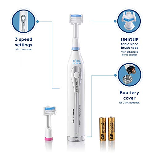 Triple Bristle GO | Portable Battery Sonic Toothbrush for Travel | Three Powerful Modes | Soft Nylon Bristles | Also for…
