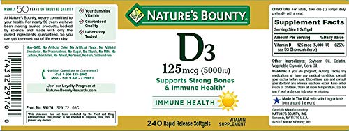 Nature’s Bounty Vitamin D3, Immune Support, 125 mcg (5000iu), Rapid Release Softgels, 240 Ct
