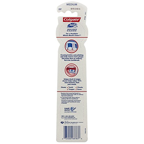 Colgate 360° Toothbrush with Tongue and Cheek Cleaner, Medium – 2 Count