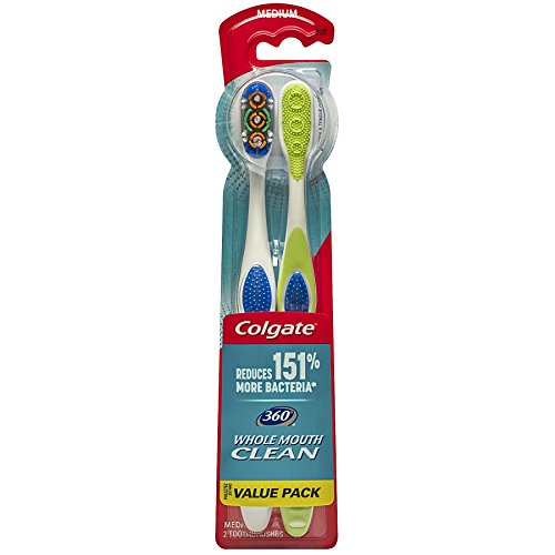 Colgate 360° Toothbrush with Tongue and Cheek Cleaner, Medium – 2 Count