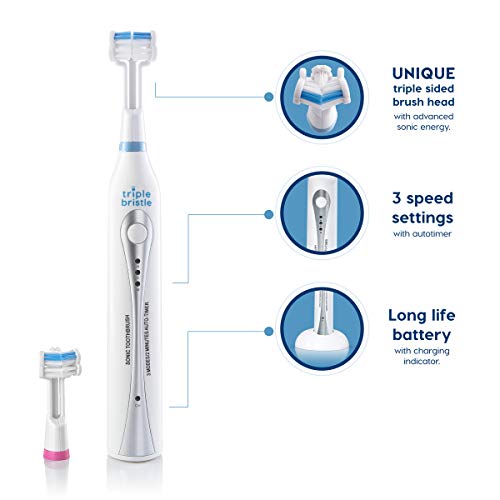 Triple Bristle Original Sonic Toothbrush | Rechargeable 31,000 VPM Tooth Brush | Patented 3 Head Design | Angled…