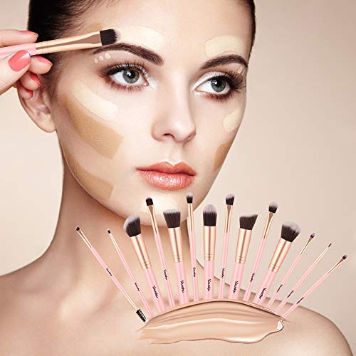Makeup Brushes Set, Yuwaku Premium Synthetic 14pcs Kabuki Make Up Brush, Pink Foundation Powder Concealers Blush…