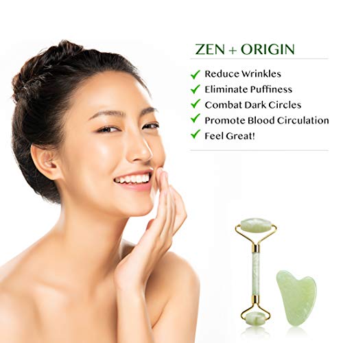 Jade Roller and Gua Sha Set – Jade Face Roller, 100% Natural Jade Stone Set, Dual Sided Face Massager, Stimulates Blood…