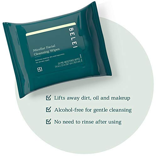 Belei by Amazon: Oil-Free Micellar Facial Cleansing Wipes, Fragrance Free, Alcohol Free, 25 Count (Pack of 2)