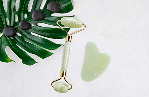 Jade Roller and Gua Sha Set – Jade Face Roller, 100% Natural Jade Stone Set, Dual Sided Face Massager, Stimulates Blood…