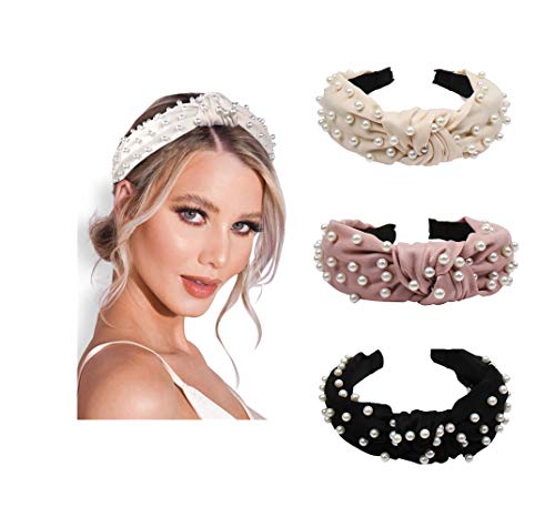 Pearl Headbands Knotted Headbands for Women 3 Colors, Knot Turban Headband Fashion Hair Bands Wide Headbands