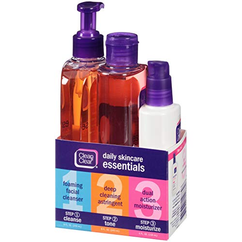 Clean & Clear Daily Acne Skincare Essentials Set with Foaming Facial Cleanser, Deep Cleaning Astringent & Dual Action…