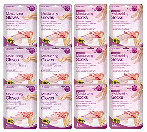 Epielle Moisturizing Hand & Foot Masks (Glove & Socks 12pk) for Dry Hand, Dry & Cracked heel Spa Masks Sunflower Seed…