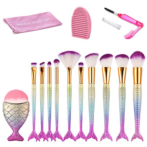 Mermaid Makeup Brushes Set, Beauty Star 11pcs Mermaid Makeup Brush Set Chubby Fish Soft Nylon Bristles Beauty Brushes…
