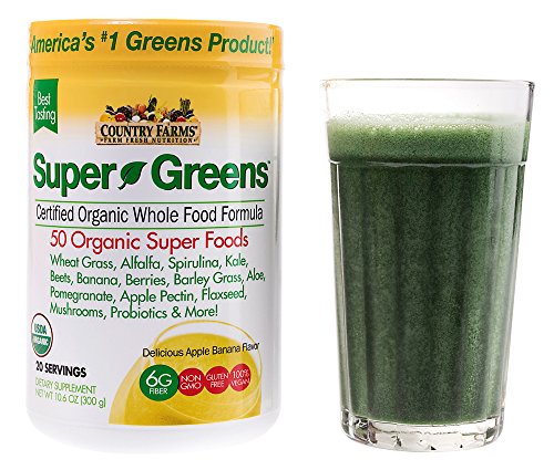 COUNTRY FARMS Super Greens Banana Flavor, 50 Organic Foods, USDA Organic Drink Mix, 20 Servings, Apple, 10.6 Oz