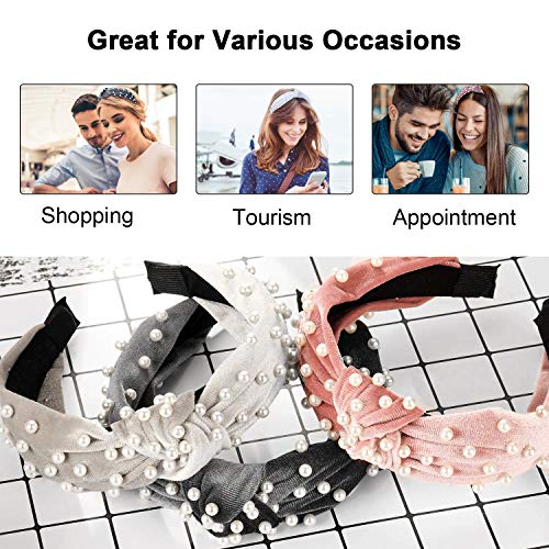 ForTomorrow 6 Pack Velvet Wide Pearl Headbands Twist Knot Turban Headband Vintage Retro Hairband with Faux Pearl Fashion…