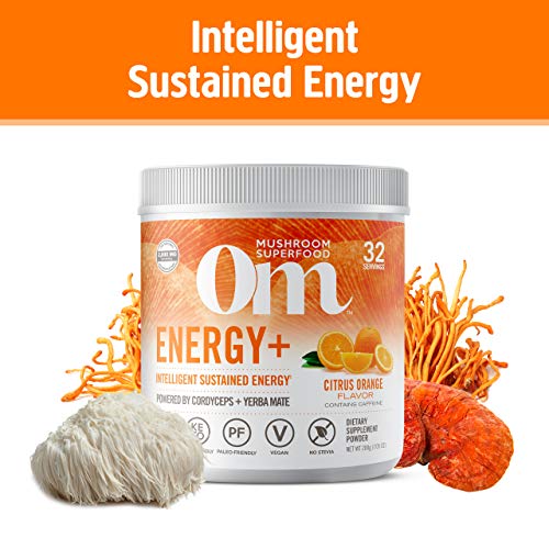 Om Mushroom Superfood Energy Plus Mushroom Powder Drink Mix, Citrus Orange, 7.05 Ounce, 32 Servings, Mushroom Blend…