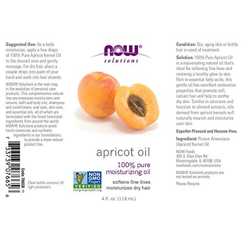 NOW Solutions, Apricot Kernel Oil, Hair Moisturizer, Rejuvenating Skin Oil, Softens Fine Lines, 4-Ounce