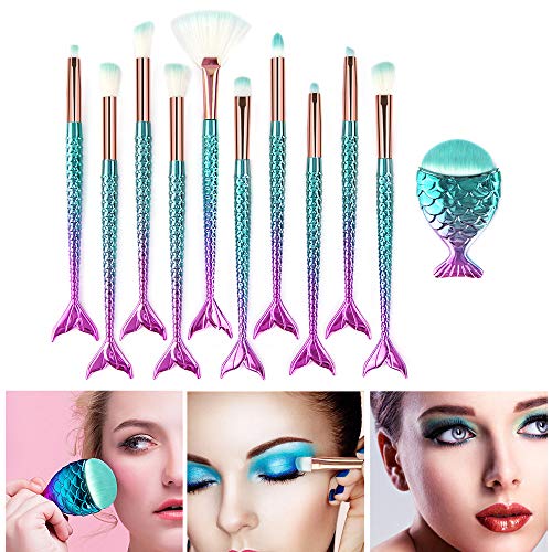 Mermaid Makeup Brushes, 11PCs Professional Makeup Brush Set Foundation Face Powder Eyeshadow Blending Blush Brush Color…