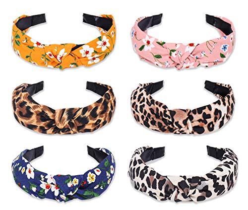 KHKINDPRO Leopard Print and Floral Knotted Headbands for Women and Girls 6 Pack Set Fabric Wrapped Plastic Fashion Hair…