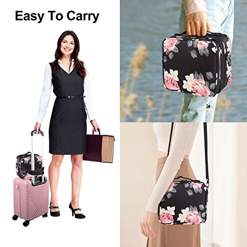 Kootek Travel Makeup Bag 2 Layer Portable Train Cosmetic Case Organizer with Mirror Shoulder Strap Adjustable Dividers…