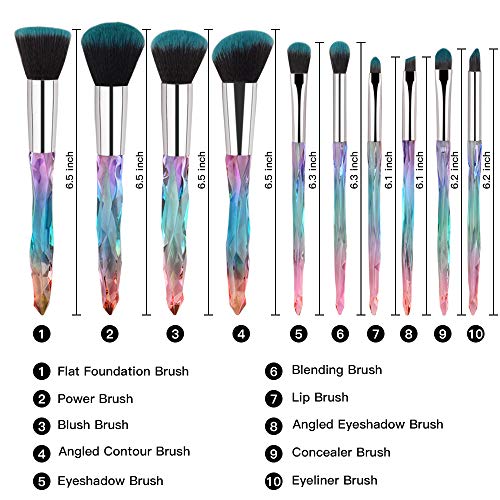 Makeup Brushes Set Crystal Handle – 10pcs Colorful Diamond Cosmetic Kabuki Brushes Foundation Concealer Face Powder Eye…