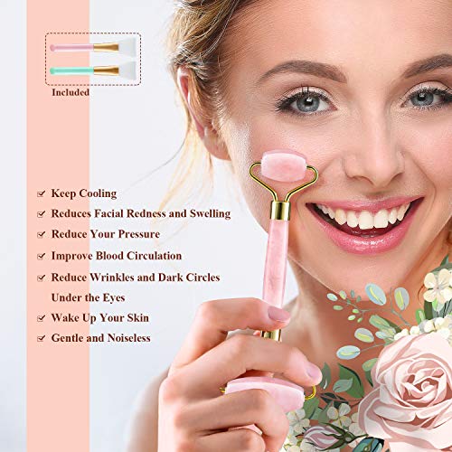 Rosejoice Pink Rose Quartz Jade Roller for Face-Natural Handmade-Crafted Facial Massager Skin Tool for Anti Aging…
