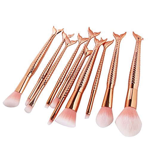Coshine 10pcs Rose Gold Unique Mermaid Makeup Brush Set, Synthetic Hair with Plastic Handle Cosmetic Brushes