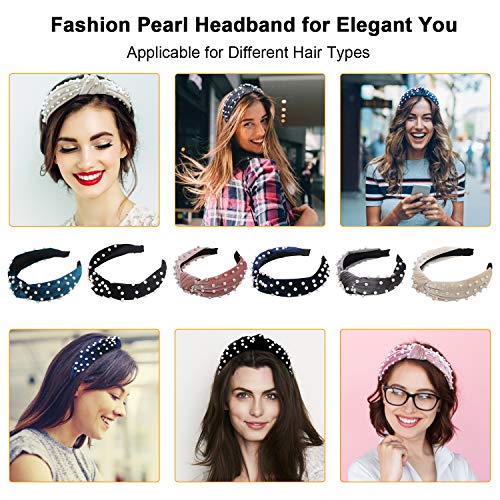 ForTomorrow 6 Pack Velvet Wide Pearl Headbands Twist Knot Turban Headband Vintage Retro Hairband with Faux Pearl Fashion…