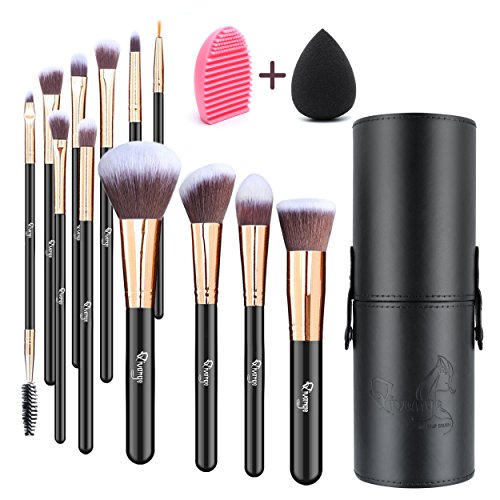 Qivange Makeup Brushes, Professional Foundation Eyeshadow Blending Brushes Set with Brush Holder+ Sponge & Brush Cleaner…