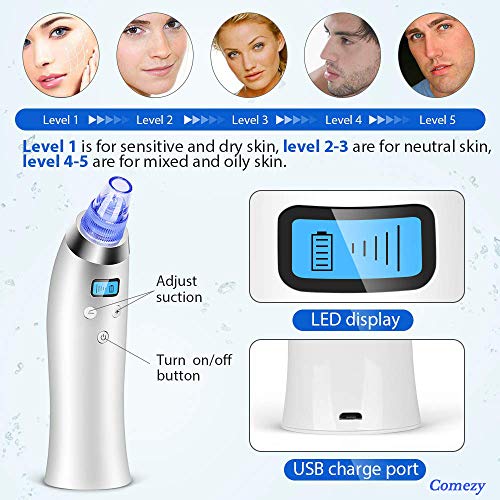 Comezy Blackhead Remover Pore Vacuum with 4 Probes，Electric Blackhead Removal Suction Extractor Kit Tools，5 Adjustable…