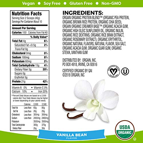 Orgain Organic Vegan Protein Powder, Vanilla Bean – 21g of Plant Based Protein, Low Net Carbs, Non Dairy, Gluten Free…