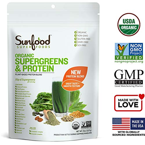 Sunfood Organic Supergreens & Protein. New Plant-Based, Grain Free Protein Blend + 19 Green Superfoods + Probiotics…