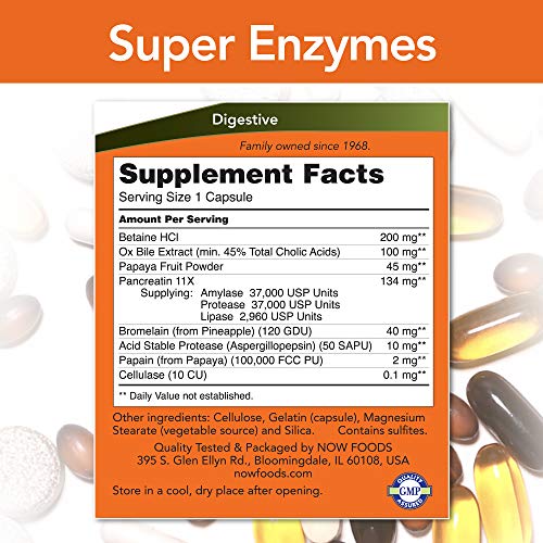 NOW Supplements, Super Enzymes, Formulated with Bromelain, Ox Bile, Pancreatin and Papain,180 Capsules