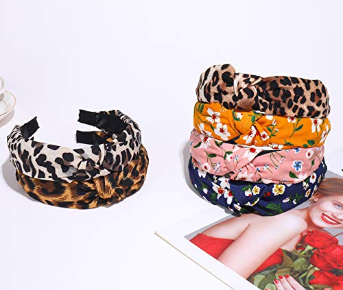 KHKINDPRO Leopard Print and Floral Knotted Headbands for Women and Girls 6 Pack Set Fabric Wrapped Plastic Fashion Hair…