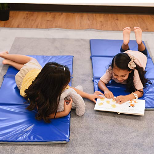 ECR4Kids Everyday Folding Rest Mat, 3-Section, 1in, Classroom Furniture, Blue/Grey