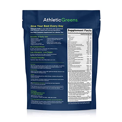 Athletic Greens Ultimate Daily, Whole Food Sourced All in One Greens Supplement Powder, NSF Certified, GlutenFree, Vegan…