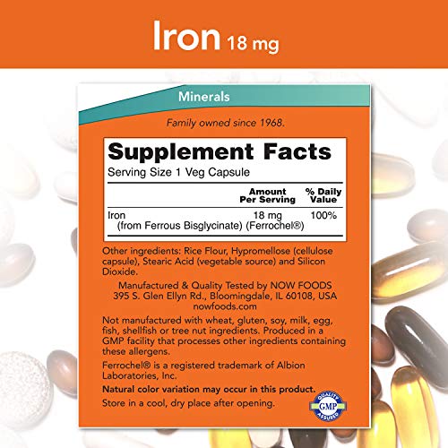 NOW Supplements, Iron 18 mg, Non-Constipating*, Essential Mineral, 120 Veg Capsules