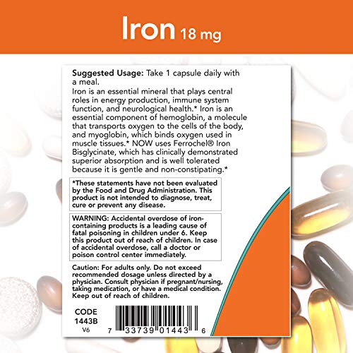 NOW Supplements, Iron 18 mg, Non-Constipating*, Essential Mineral, 120 Veg Capsules
