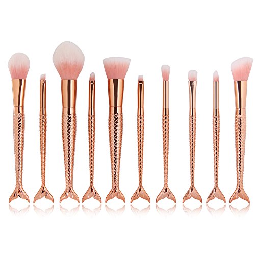 Coshine 10pcs Rose Gold Unique Mermaid Makeup Brush Set, Synthetic Hair with Plastic Handle Cosmetic Brushes