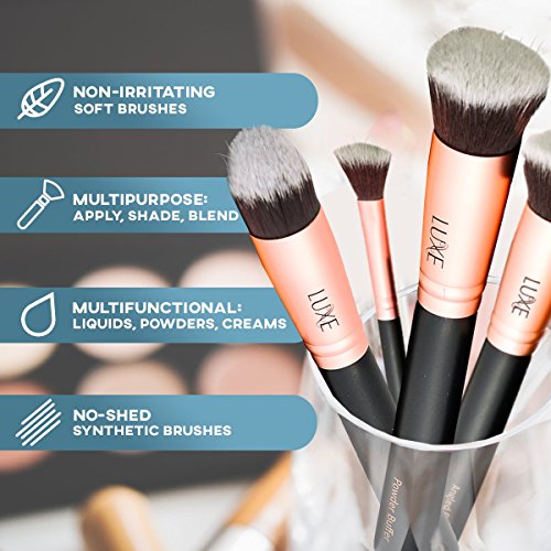 Luxe Premium Makeup Brushes Set with Brush Cleaning Solution – 14 Pc Face and Eye, Synthetic Brushes for Foundation…