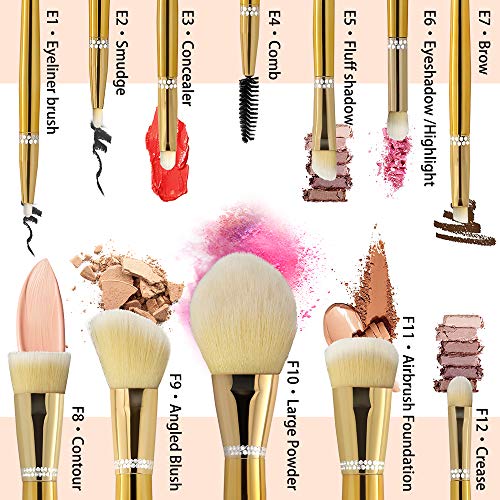PINKPANDA 18k Gold-Plated Makeup Brushes 12 Pcs Professional Makeup Brush Set Premium Synthetic Cosmetic Foundation…