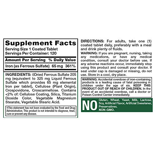 Nature’s Truth Ferrous Sulfate Iron 65 mg Supplements, 120 Count
