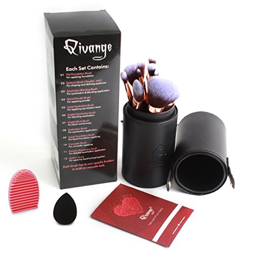Qivange Makeup Brushes, Professional Foundation Eyeshadow Blending Brushes Set with Brush Holder+ Sponge & Brush Cleaner…
