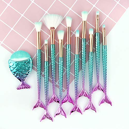 Mermaid Makeup Brushes, 11PCs Professional Makeup Brush Set Foundation Face Powder Eyeshadow Blending Blush Brush Color…